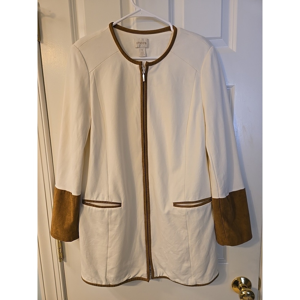 Chico's White Ponte Knit Suede Cuff Blazer Jacker Womens 1 Beige Brown Full Zip - Picture 3 of 16